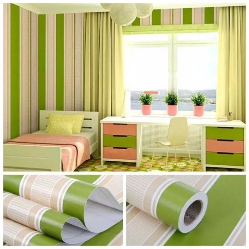 Jual Wallpaper Sticker Dinding Garis Hijau Coklat Putih Minimalis