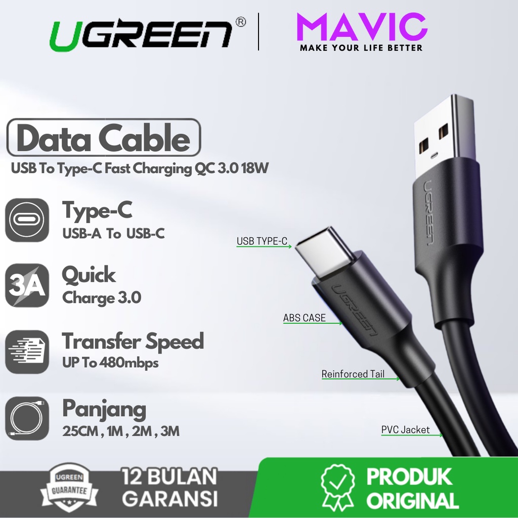Jual UGREEN US287 Cable Data Charger 3A USB A 2.0 to USB C Fast