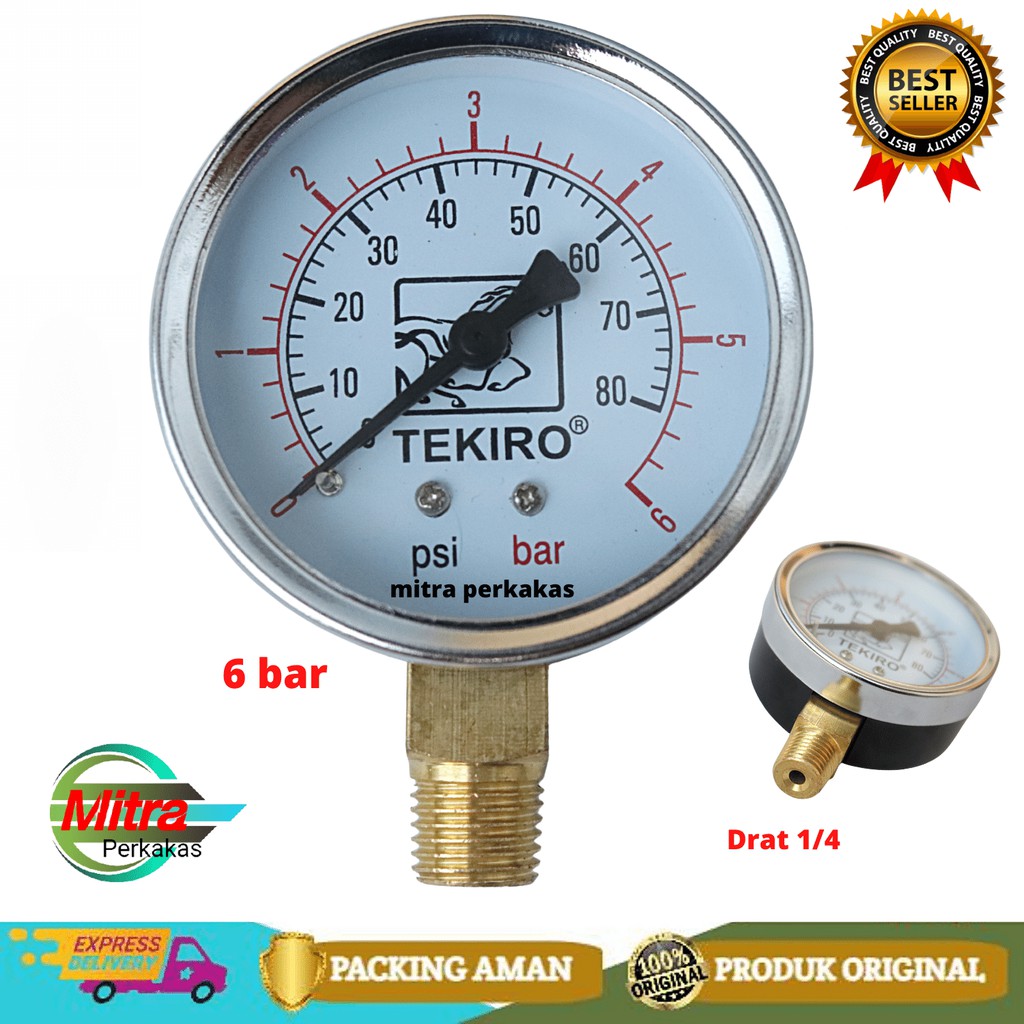 Jual Manometer 6 Bar Pressure Gauge 6Bar 6kg merk TEKIRO Presure Gauge