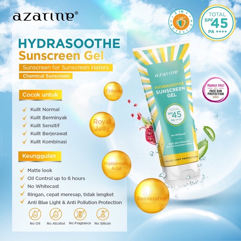 Jual Azarine Hydrasoothe Sunscreen Gel SPF 45 PA++++ 50ml Shopee