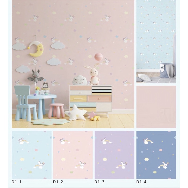 Jual Wallpaper Dinding Kamar Anak Simple Kuda Poni Unicorn Biru Pink