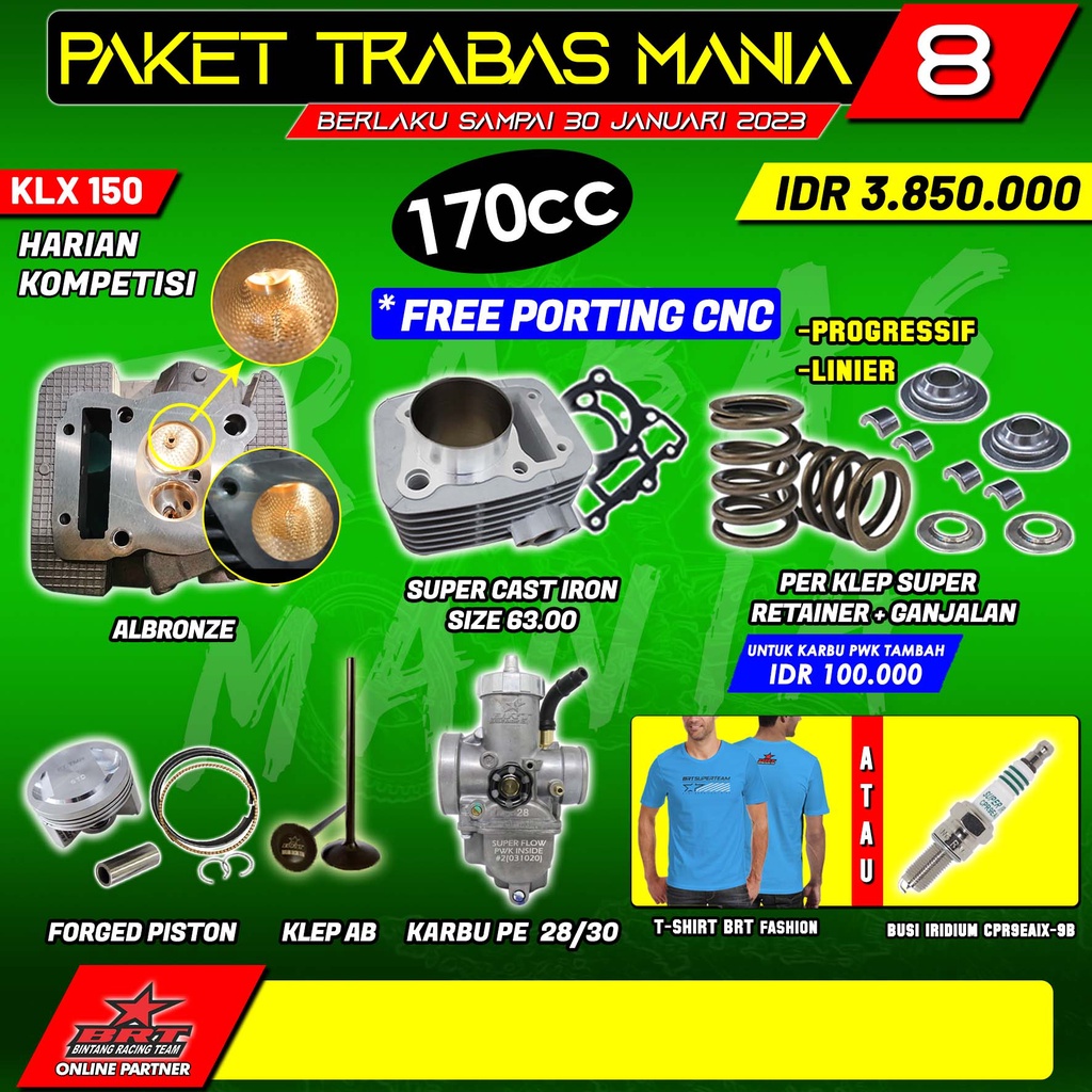 Jual Paket Trabas Mania 8 KLX 150 BRT Head Porting Blok Cast Iron