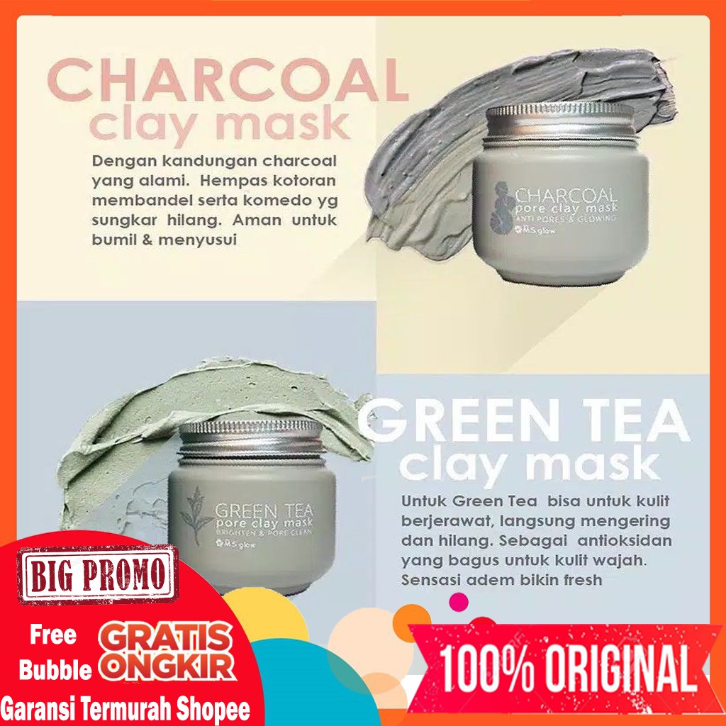 Jual [MASKER CHARCOAL / MASKER GREEN TEA MS GLOW / CLAY MASK MS GLOW
