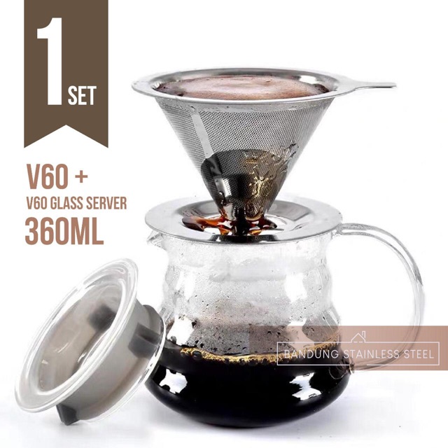 Jual 1 set v60 teko kopi kaca 360ml filter coffee pot glass dripper