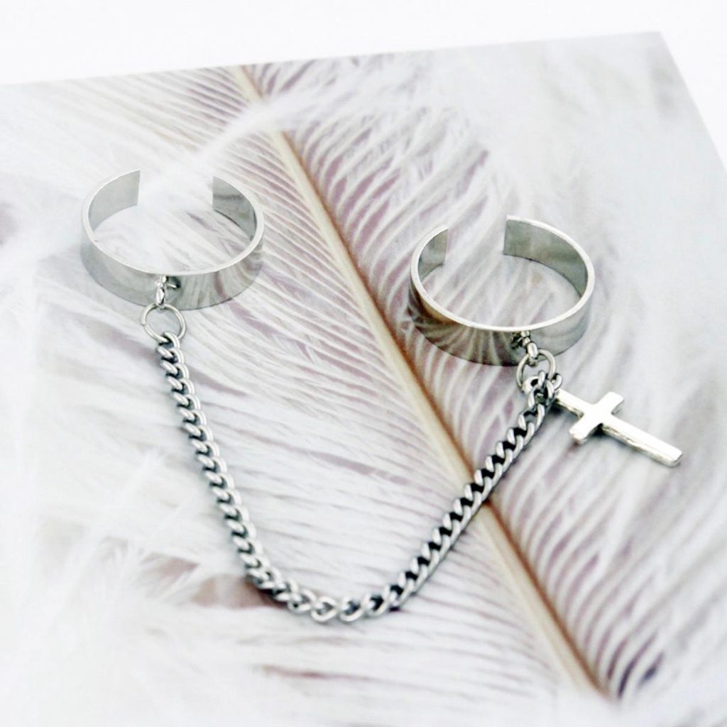 Jual Cincin Ganda Sambungan Rantai Salib Warna Silver / Cincin Salib
