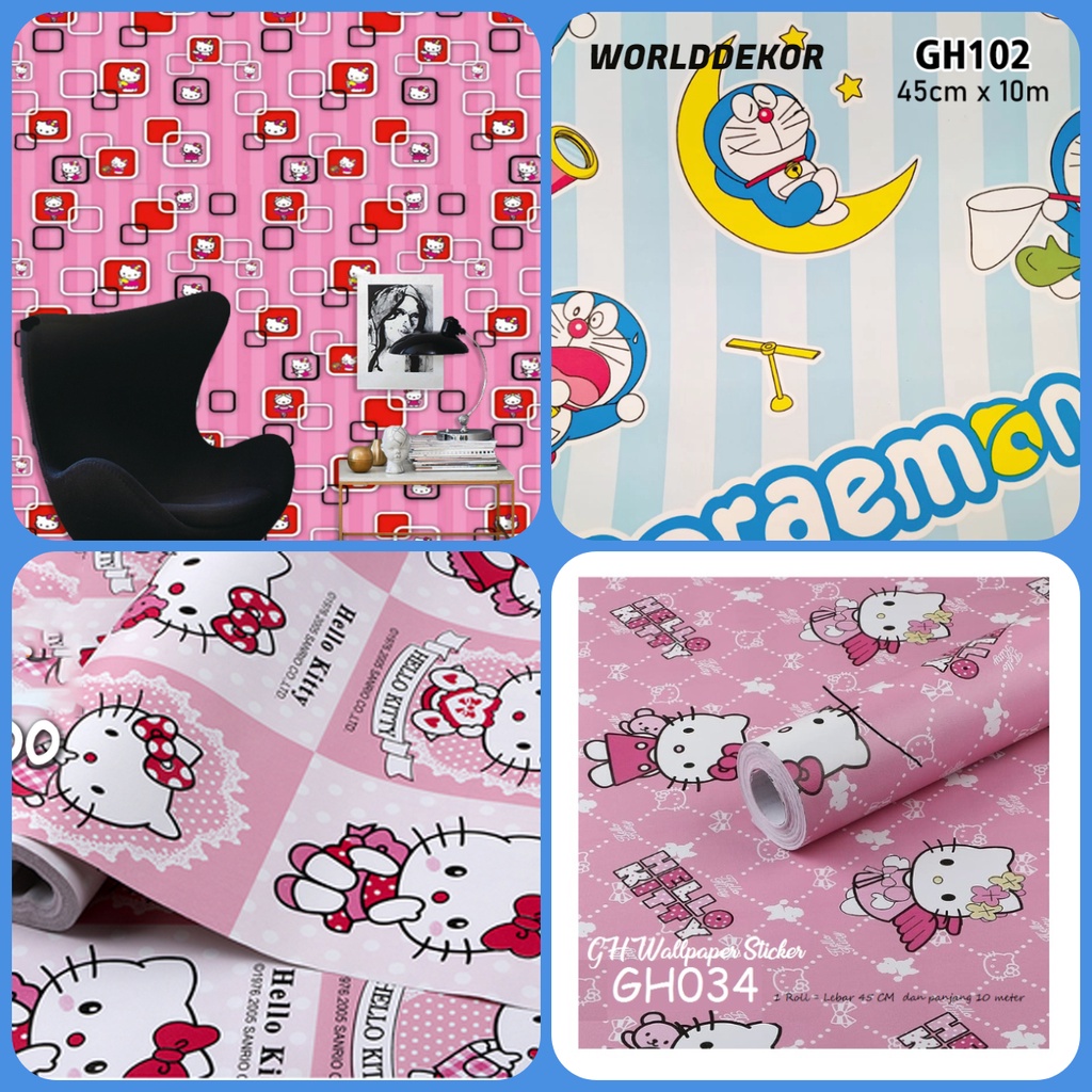 Jual Wallpaper Stiker Dinding 3D Motif Doraemon Dan Hello Kitty Bahan