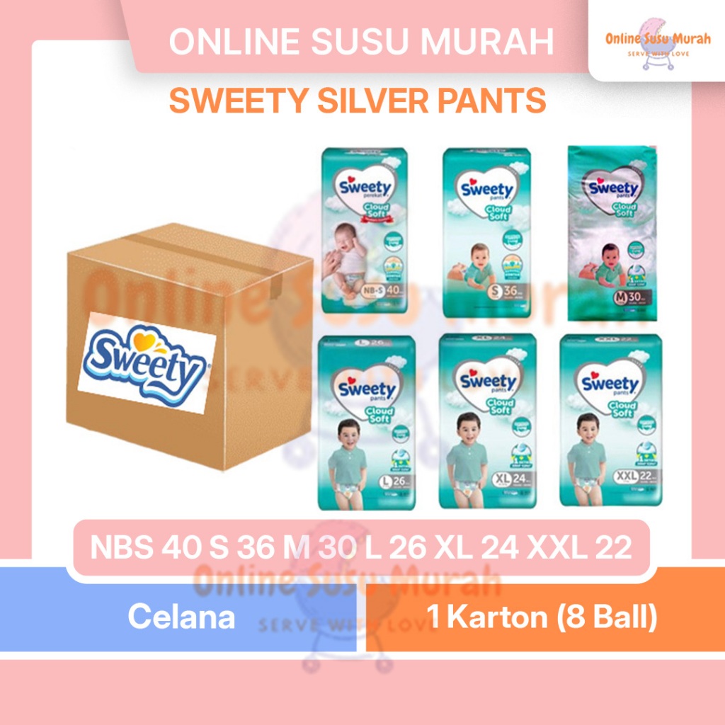 Jual SWEETY SILVER PANTS PAKET 8 BALL / 1 KARTON S36 M30 L26 XL24 XXL22
