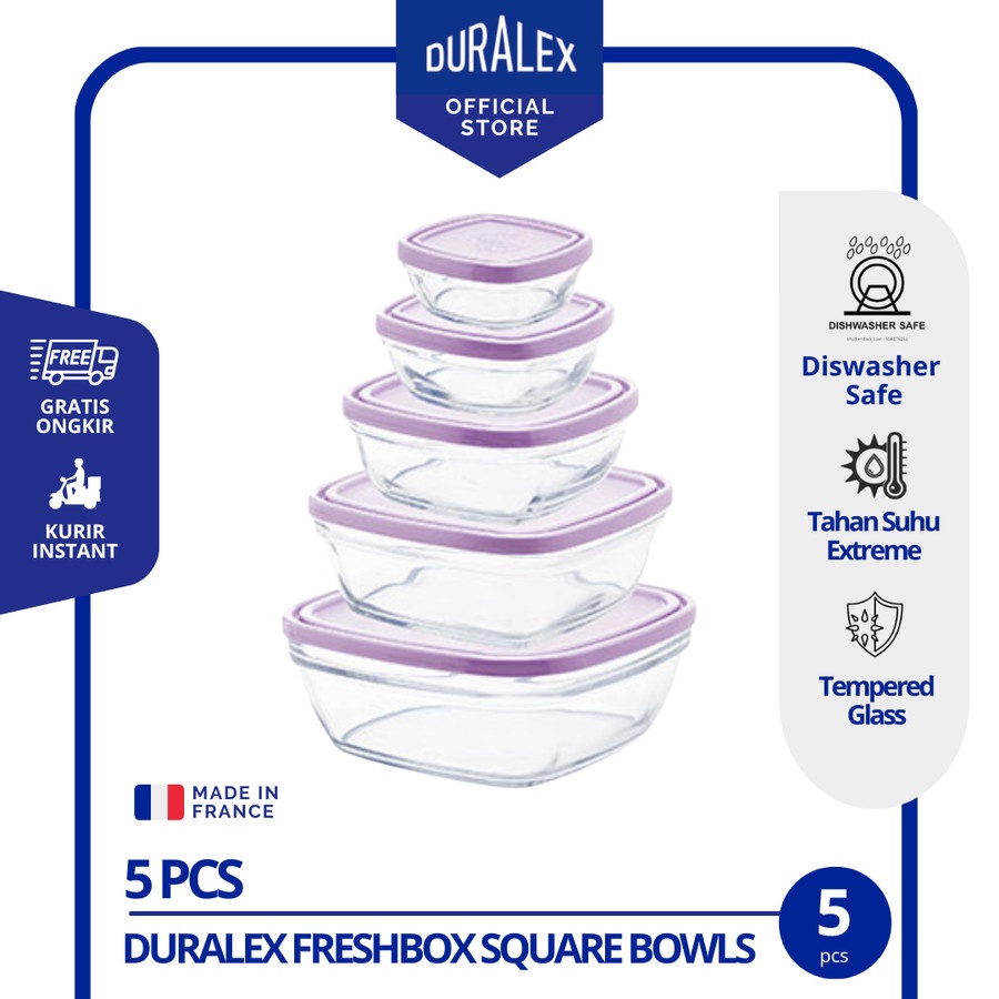 Jual DURALEX Freshbox Square Bowls Clear Purple Lids Set 5pcs Wadah
