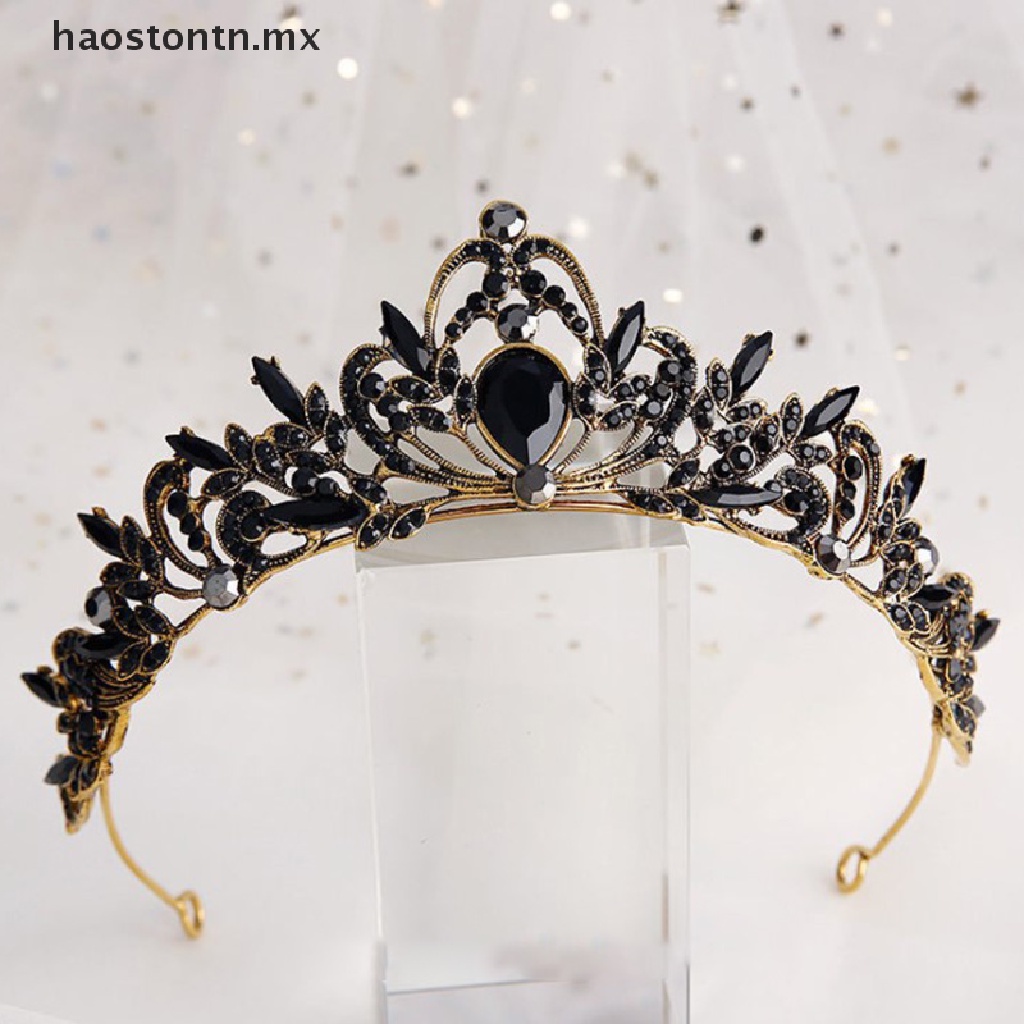 haostontn 1pc Novia retro Negro Cristal Corona Reina tiara Novias