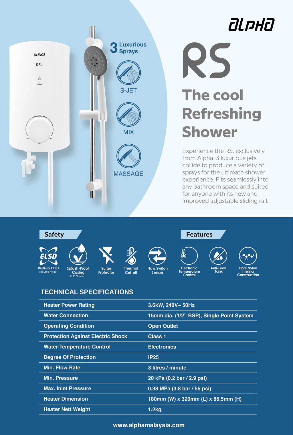 Alpha Water Heater (No Pump/3.6kW) Stepless Temperature Control Double