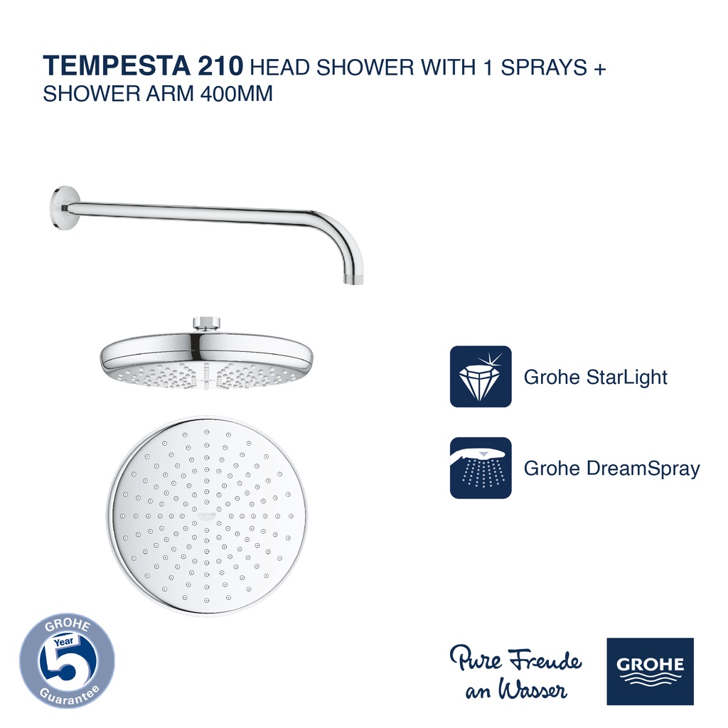 GROHE TEMPESTA SHOWER ARM 400 MM WITH TEMPESTA 210 HEAD SHOWER 1 SPRAY