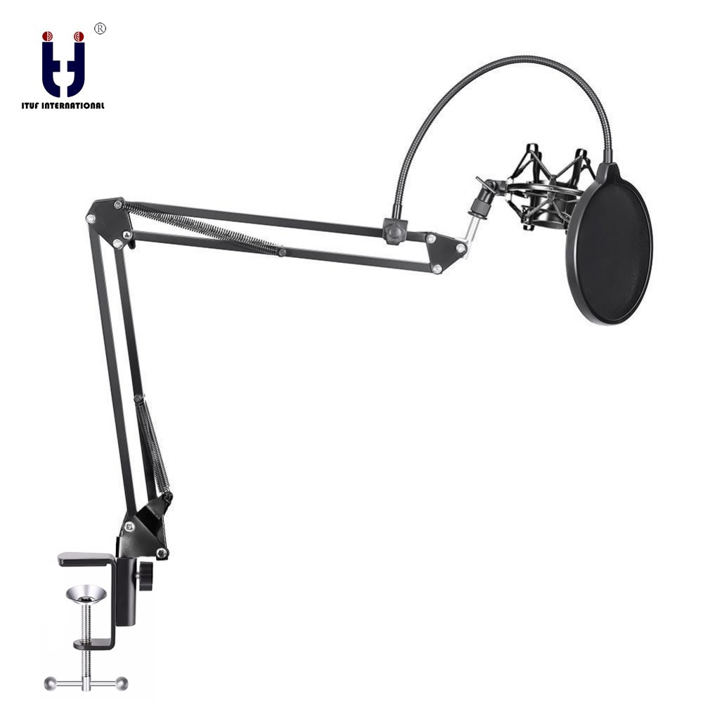 Microphone Suspension Boom Scissor Arm Stand with Mic Clip Holder Table