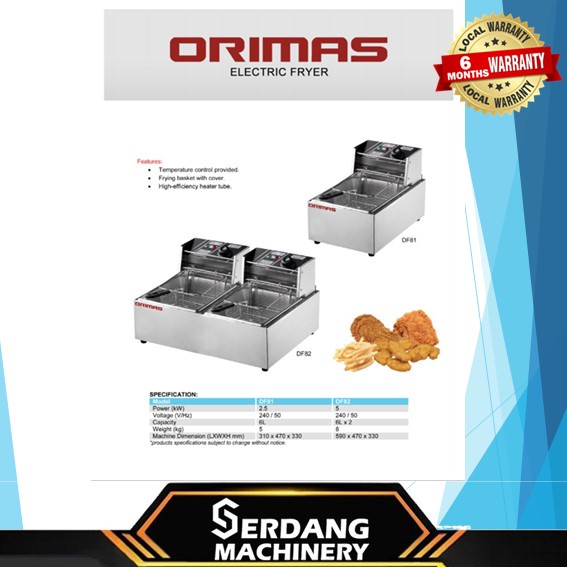 ORIMAS ELECTRIC FRYER DF82 WITH CAPACITY 6L X2 6 MONTHS LOCAL WARRANTY