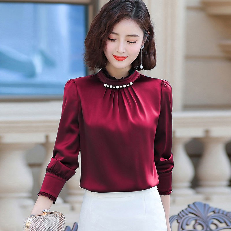 Women Satin Long Sleeve Blouse Slim Tops Work Clothes Shopee Malaysia