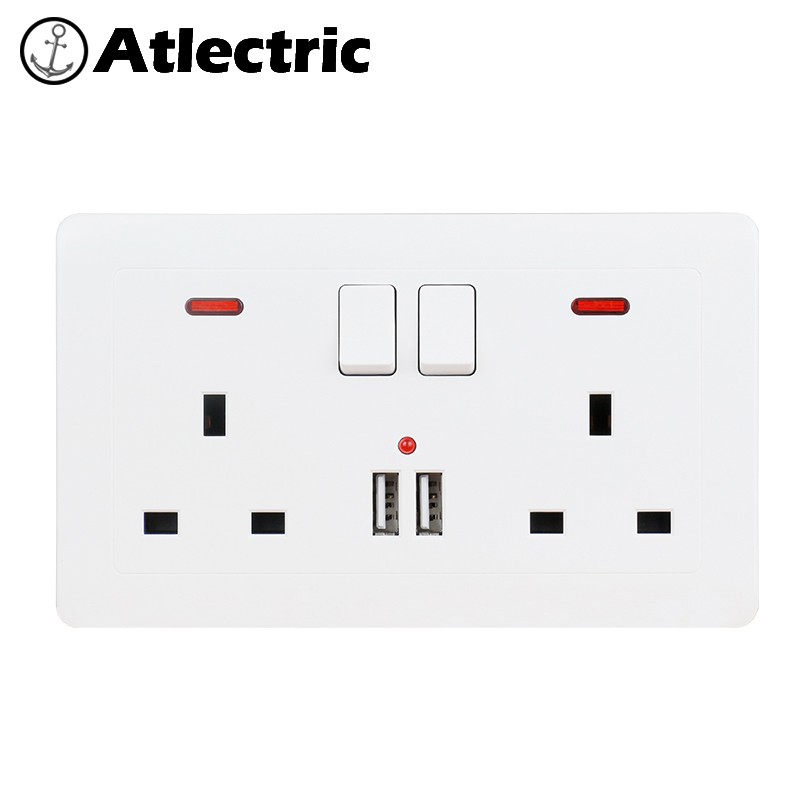 Atlectric UK Standard Plug Double Socket Dual USB Charging Port Power