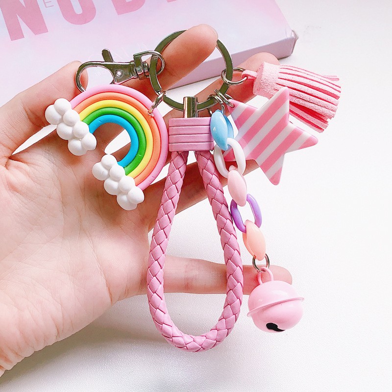 Lovely Cute Rainbow Key Chain Leather Strap Braided Rope Tassel Keychain for Women Girl Bell