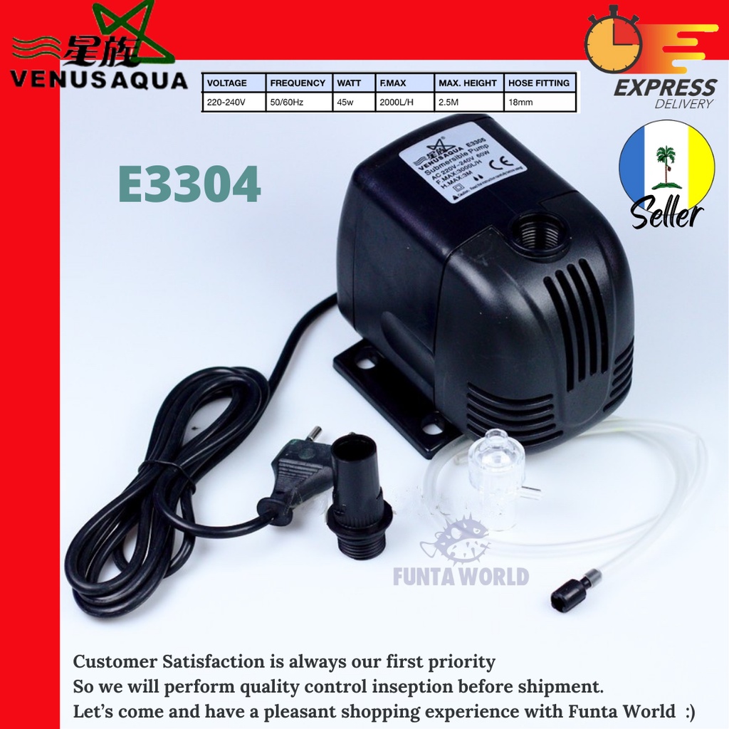 VENUS AQUA Submersible Pump E3304 Black Ceramic Shaft Eco Submersible