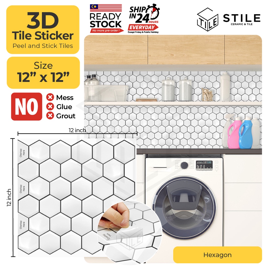 Hexagon 3D Tiles Sticker Kitchen Bathroom Wall Tiles Sticker Self