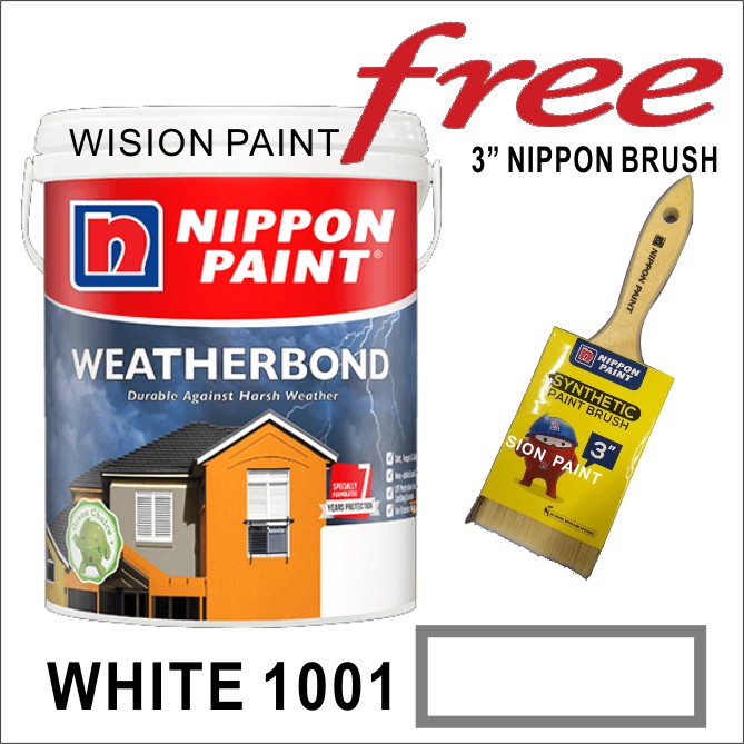 1L WHITE NIPPON Paint Weatherbond ( FREE 3" NIPPON BRUSH ) Exterior Outdoor Wall Cat Dinding