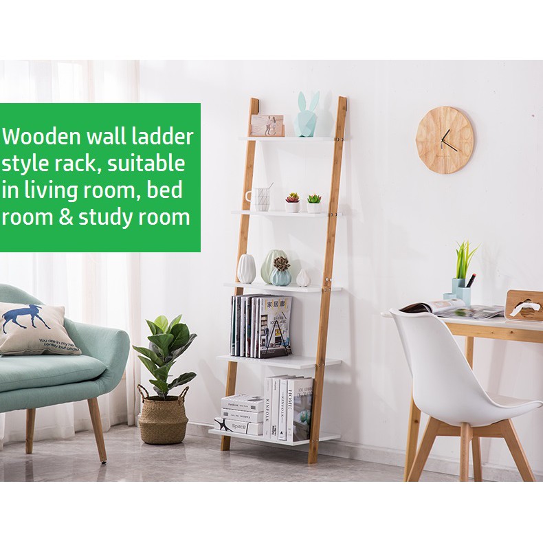 Wooden Vertical Wall Ladder Shelves, DIY Multi Storage Bookshelves