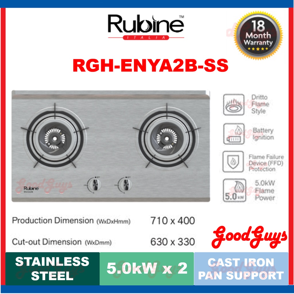 RUBINE RGHENYA2BSS BUILTIN GAS HOB / 5.0kW / 2BURNERS / SAFETY CUT