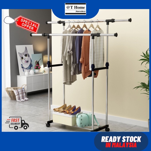 Double Garment Rack with Wheels and Extendable Length & Height 0131