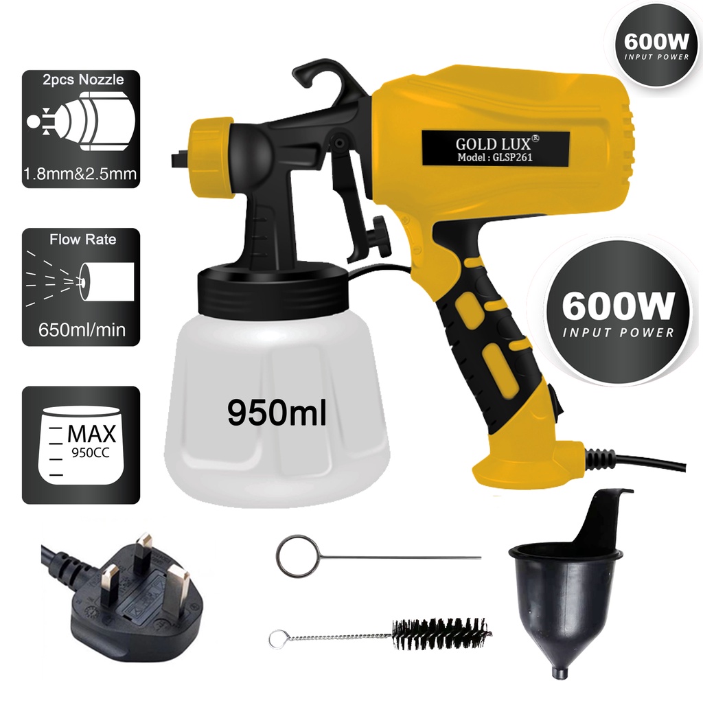 3H GLSP261 240V 600W 950ml Electric Paint Spray Gun (Yellow) c/w