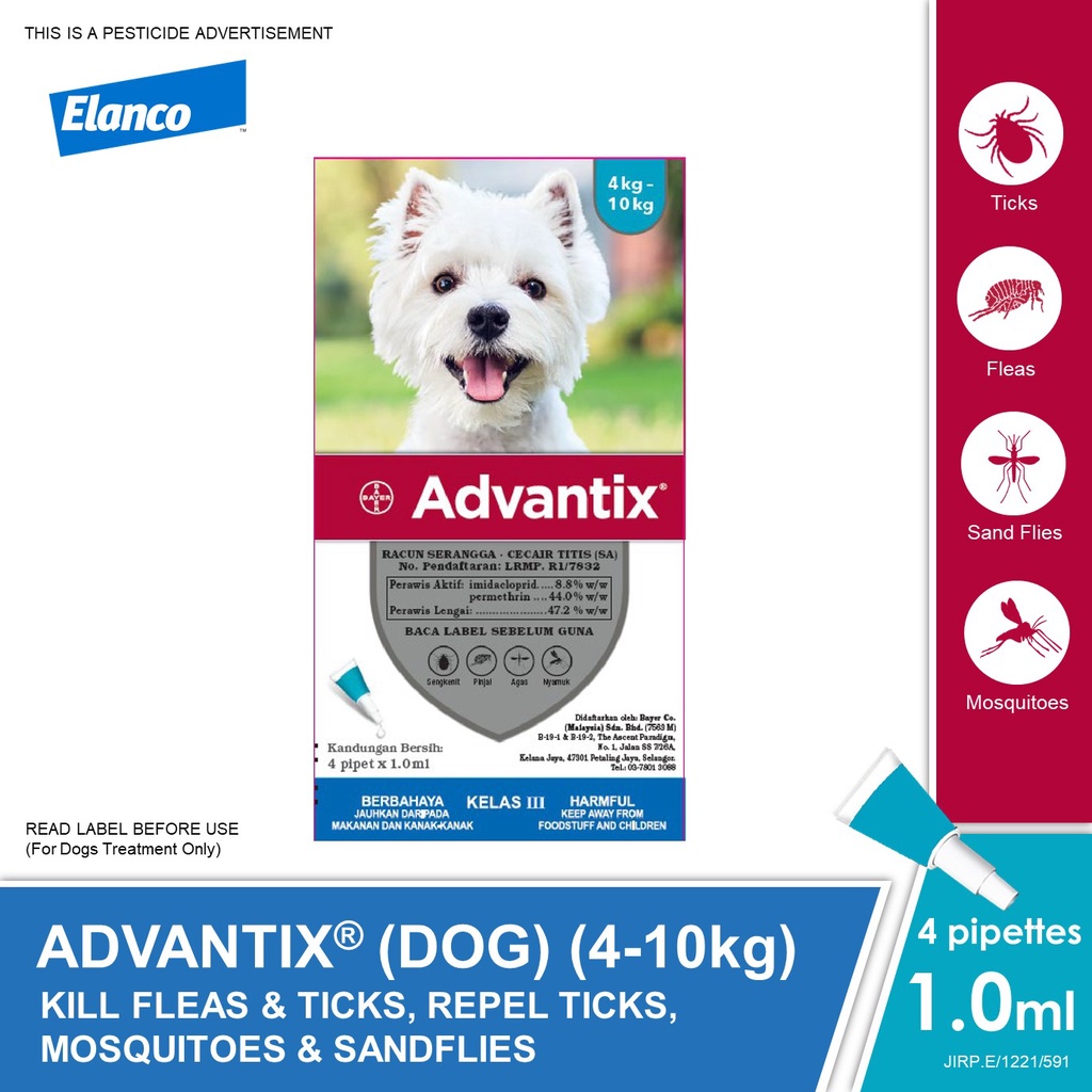 Advantix Dog Spot On Tick Flea Treatment (4 x 1.0ml) Shopee Malaysia