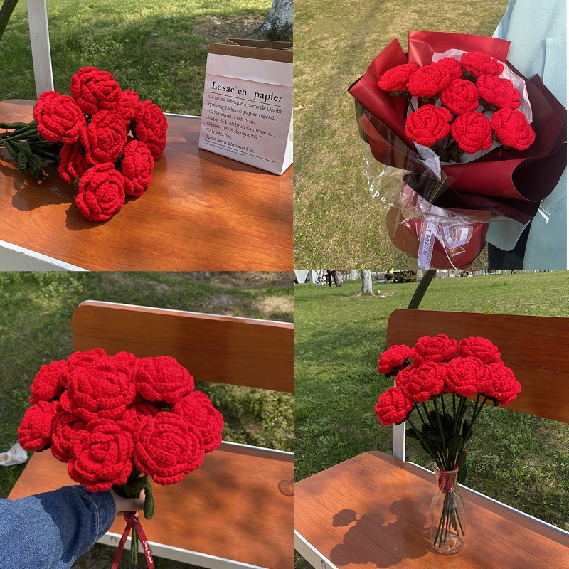 Handmade Red Rose Simulation Flower Crochet Flower Fake Flower Bouquet