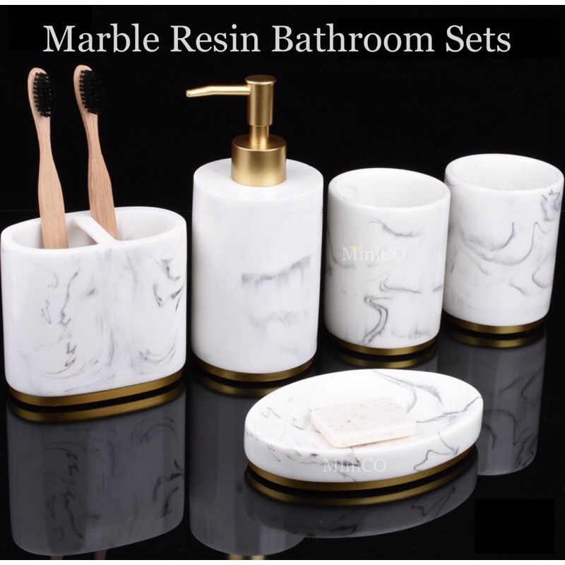 Set of 5 Pcs Bathroom Set Luxury Marble Resin Bathroom Essentials Bath