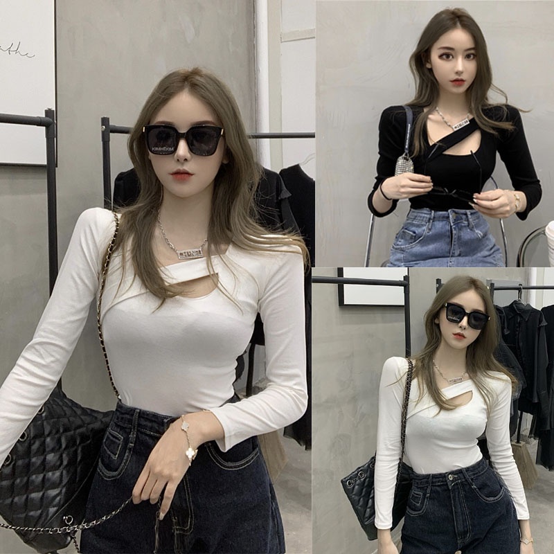 Women's solid color T-shirt sexy long sleeve top | Shopee Malaysia