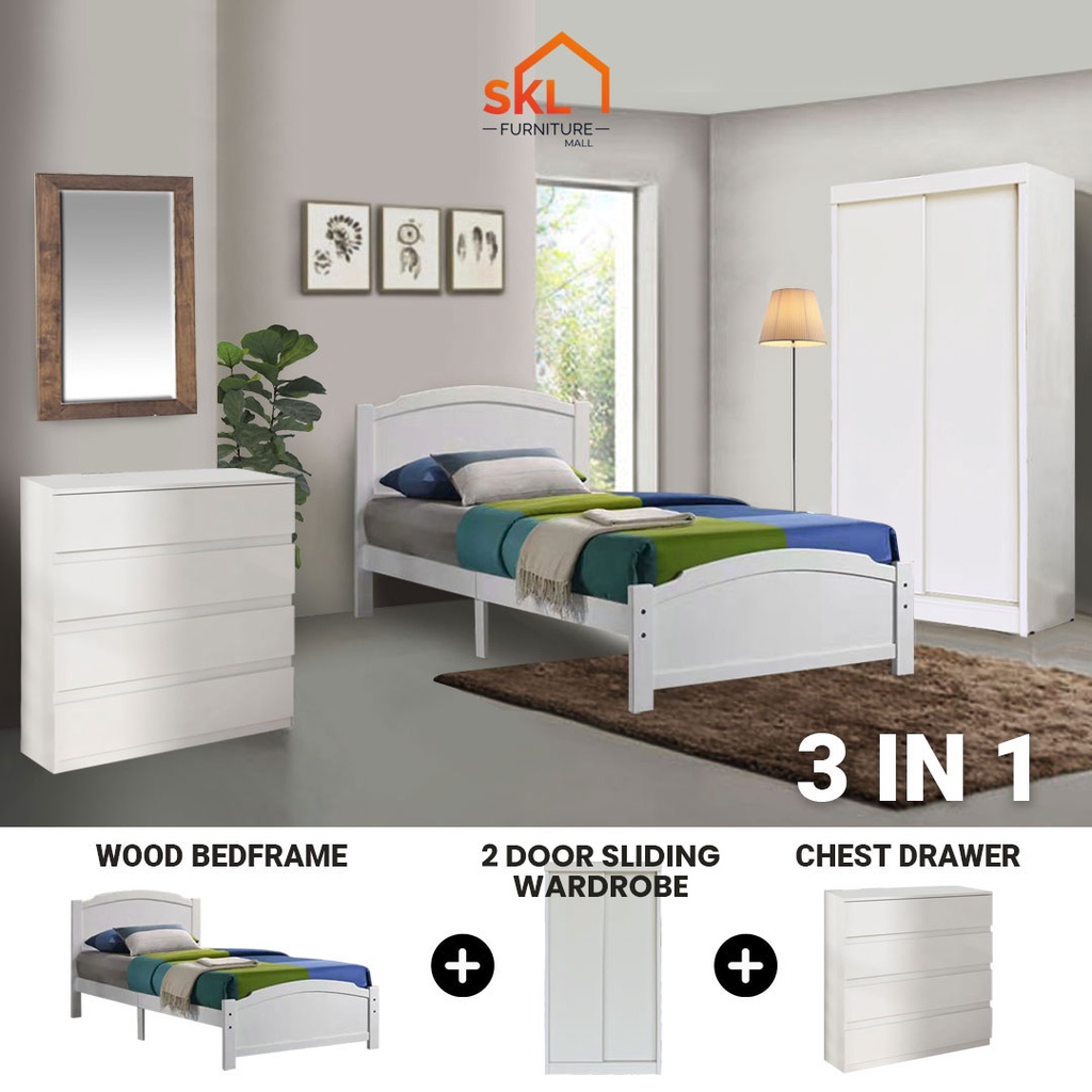 [FREE DELIVERY] SKL Furniture White Single Bedroom Set Bedframe + Sliding Wardrobe + Chest Of