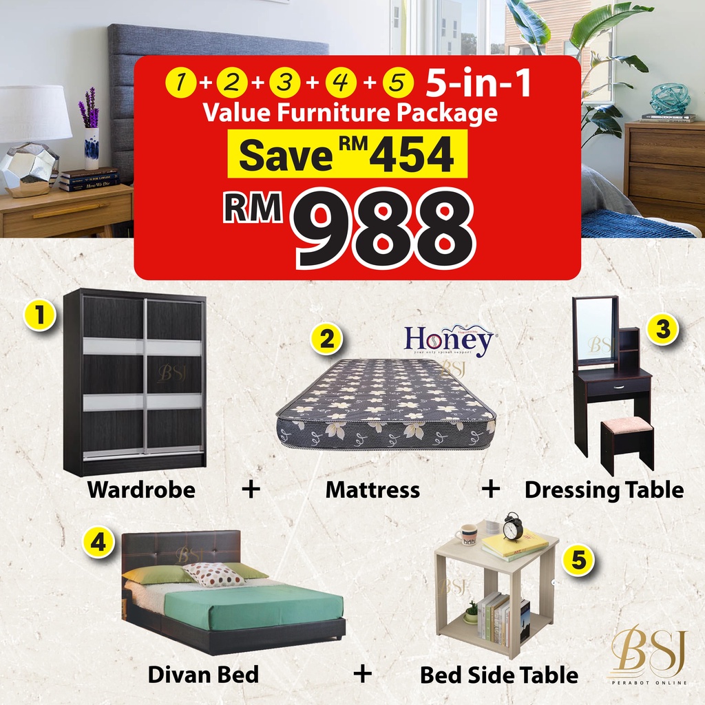 BSJ【 𝟱𝐢𝐧𝟏 𝐂𝐎𝐌𝐁𝐎 𝐒𝐄𝐓】Packej Furnitures Divan Bed Wardrobe Mattress