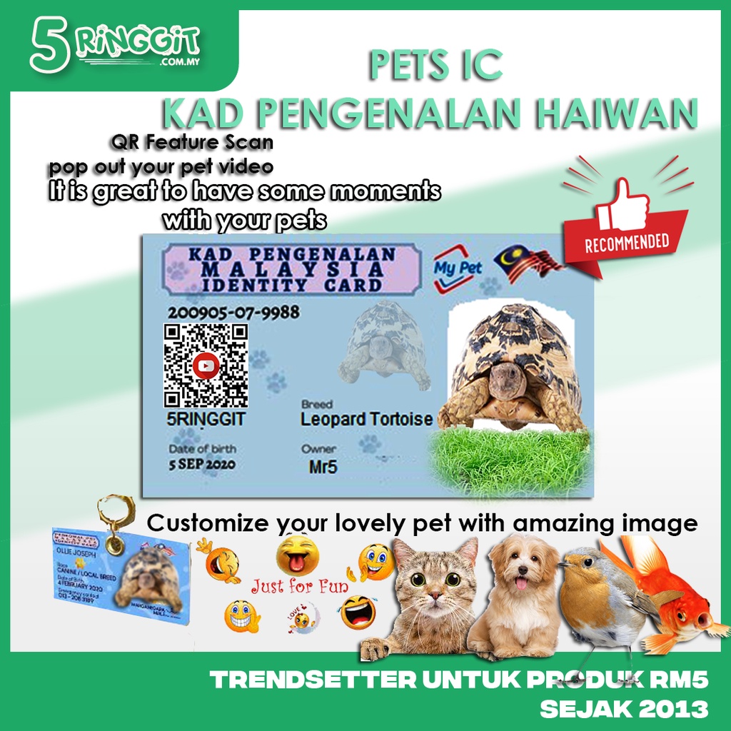 CUSTOM Pets IC CARD MYPET Kad Pengenalan Untuk Haiwan Pelbagai