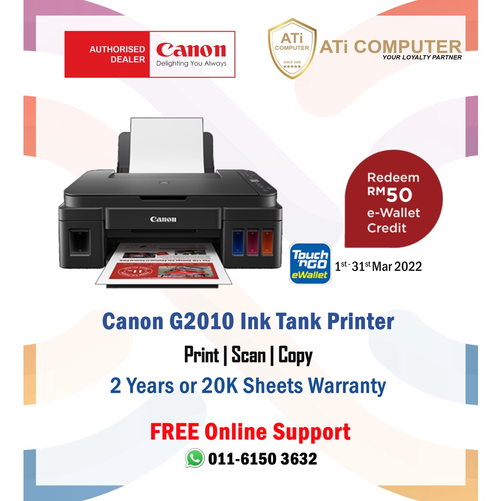Canon Pixma G2010/G3010 Ink Tank All In One Printer Print/Scan/Copy/Wifi Direct 2 Years Warranty