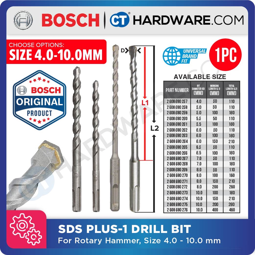 BOSCH SDS PLUS1 DRILL BIT SIZE 4.010.00MM FOR ROTARY HAMMER DRILLS
