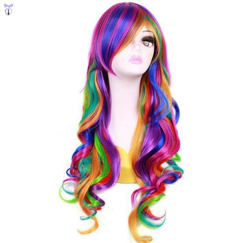 Women's Long Wavy Wig Rainbow Color Fake Hair Extension Full Mesh