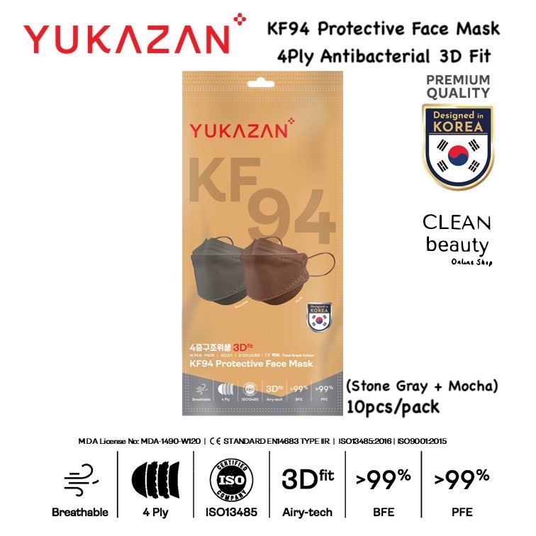 Yuka Zan KF94 4ply Protective Face Mask Antibacterial 3D fit Stone Gray