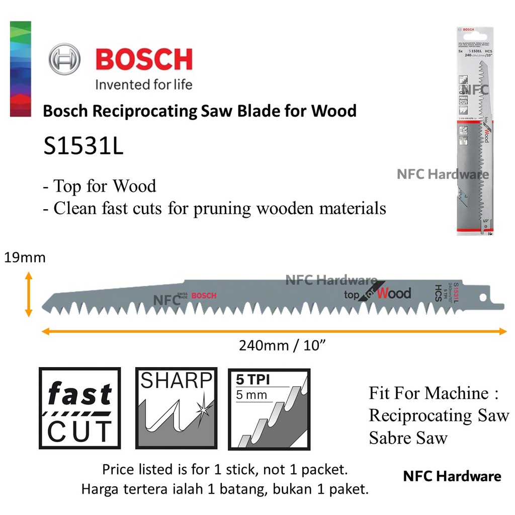 BOSCH Sabre Saw Blade S1531L 10" Top for Wood (1 PC) Shopee Malaysia