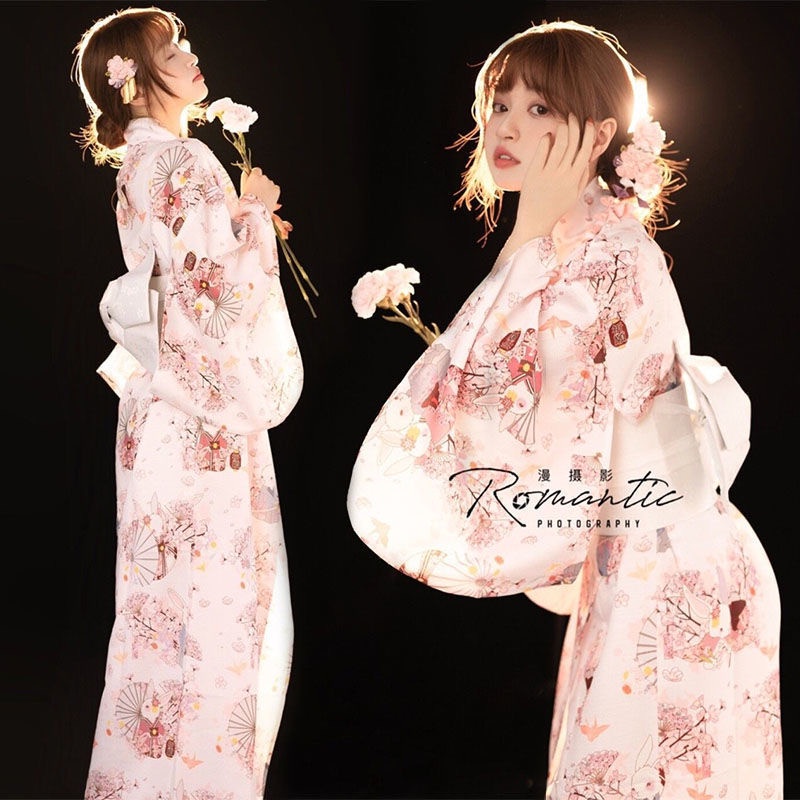 Women Japan Style Traditional Yukata Kimono Dress With White Obi