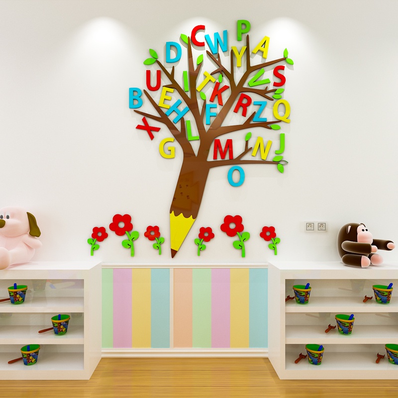 [DAORUI] Cartoon alphabet tree wall stickers English 3D acrylic mirror