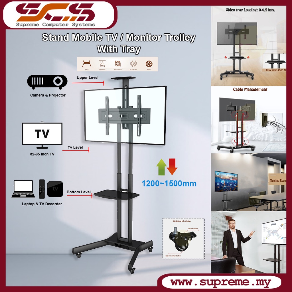 Premium TV Stand / Monitor Trolley Stand / Monitor Stand / Smart Teaching Board Stand With Tray