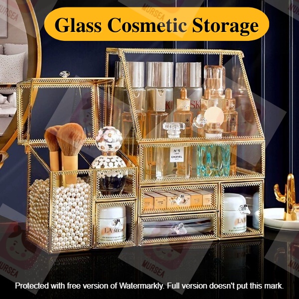 Large Gold Glass Cosmetic Storage Box Dustproof Makeup Organizer for