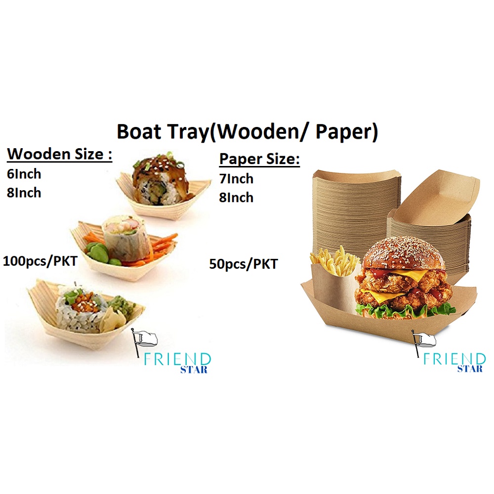 [100pcs] Boat Tray / Disposable Tray / Boat Shape Tray Wooden (5inch{50pcs} / 6inch / 8inch
