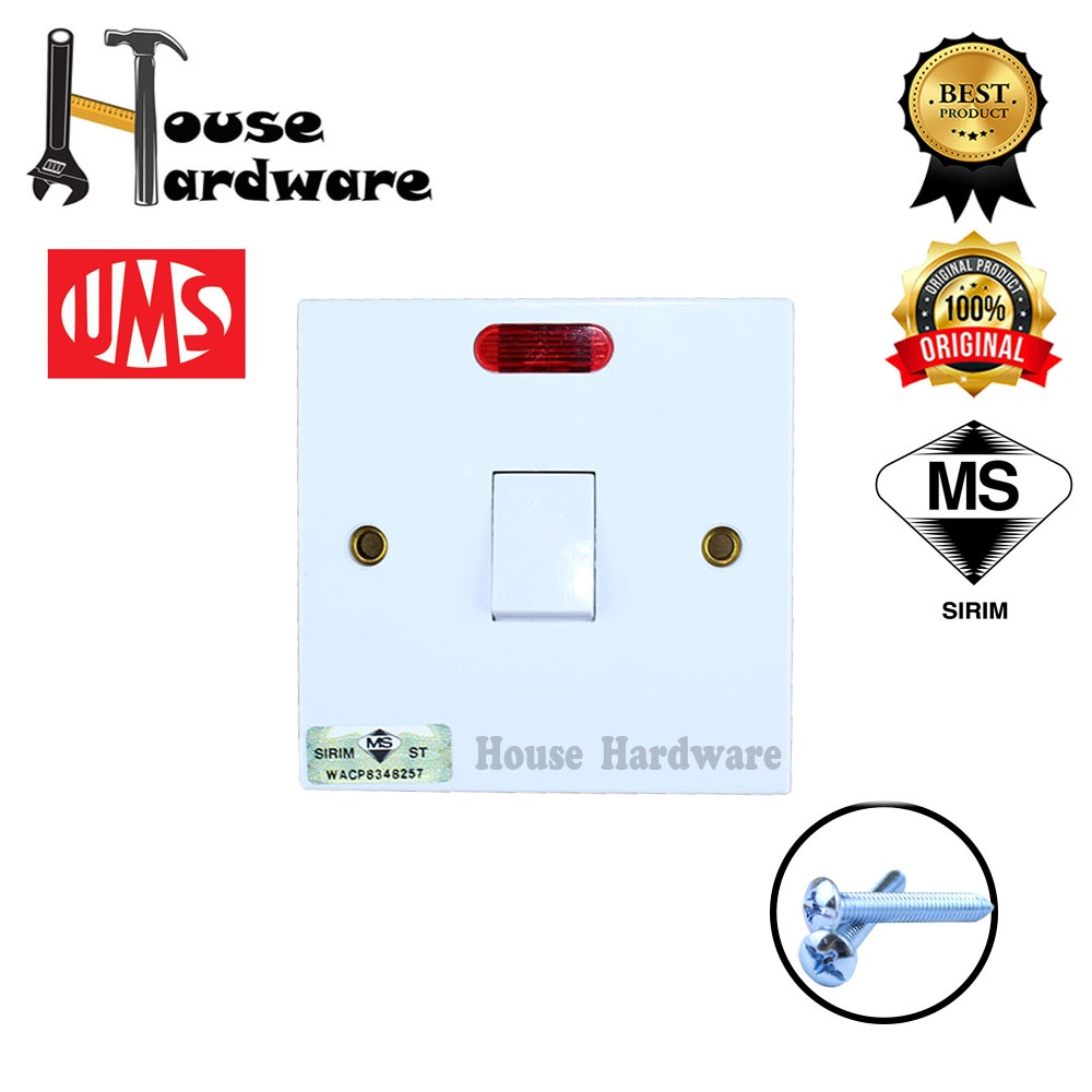 UMS 20A 250V AC DP Flush Switch With Neon Indicator Water Heater Switch