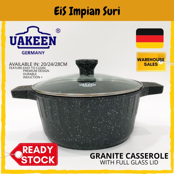 (Ready Stock!!) Uakeen Germany 20/24 /28/32cm Black Induction Granite Non Stick Casserole
