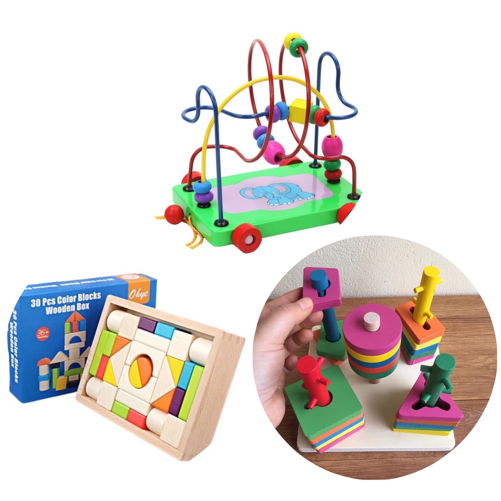 Wooden Toys With 5 Colorful Block Drop Stakes Training Dexterity For