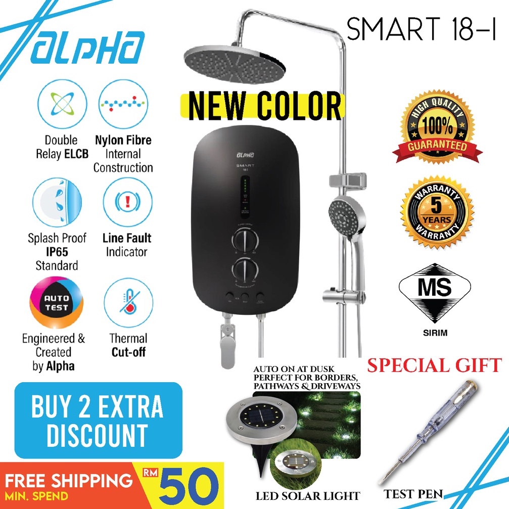 Alpha Water Heater Smart 18I Plus Inverter DC pump Rain Shower Black