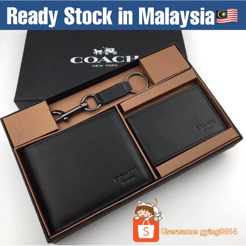 READY STOCK Coach Leather Wallet Men Set Gift Box Black Cardholder Card
