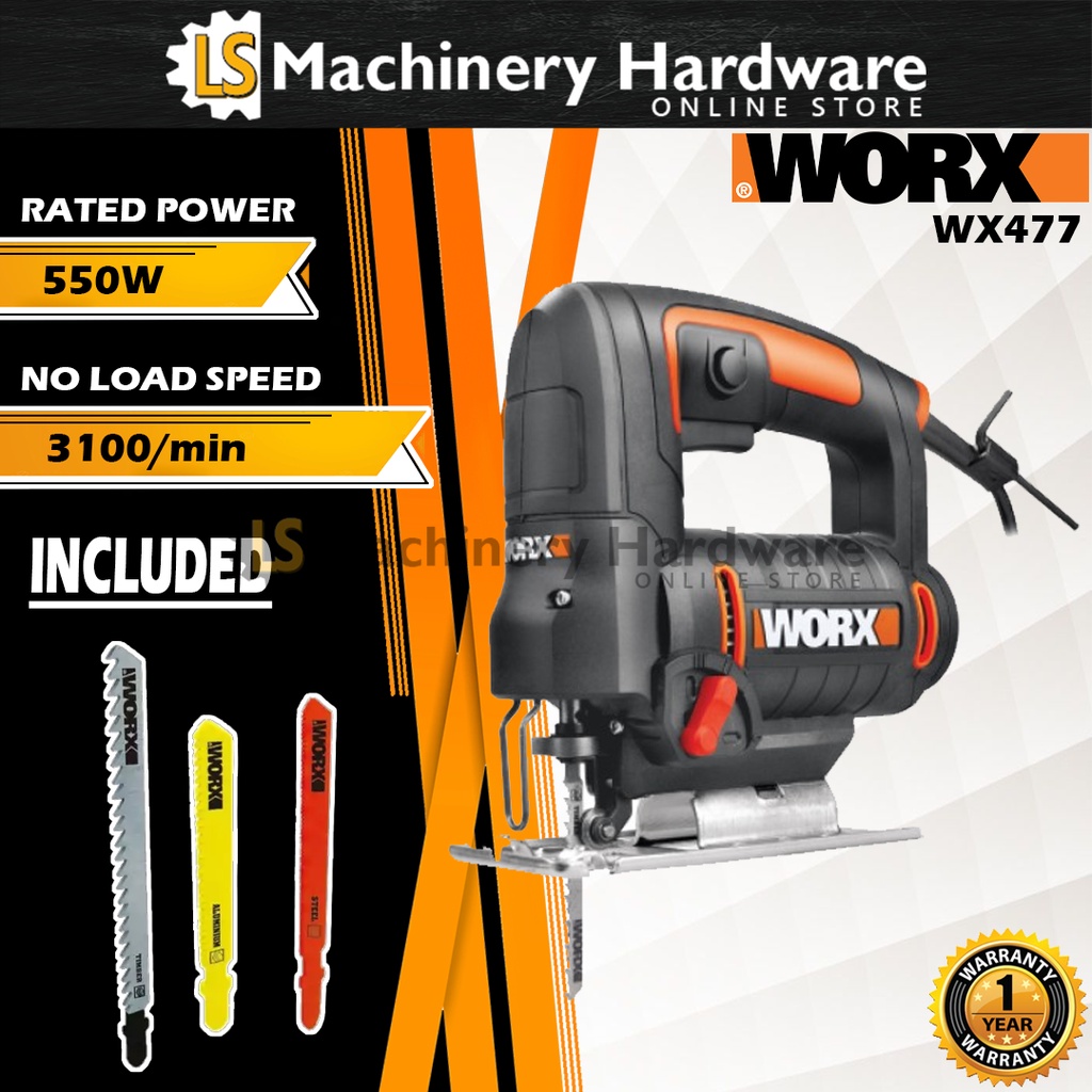 WORX WX477 65mm 550W Corded Jigsaw with ToolFree Blade Change and 4